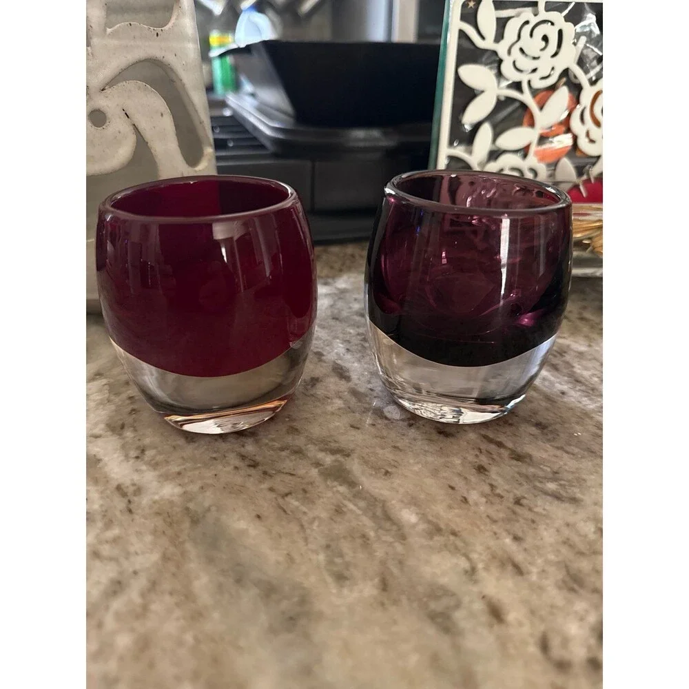 Crate & Barrel blown Glass Clear Cup Ruby RedPurpleVotive Candle Holder Set of 2